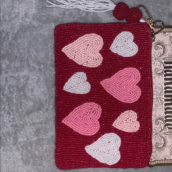 NEW-Handmade Heart Beaded Hand or Cosmetic Bag - Red and Pink with tassel - Picture 8 of 8
